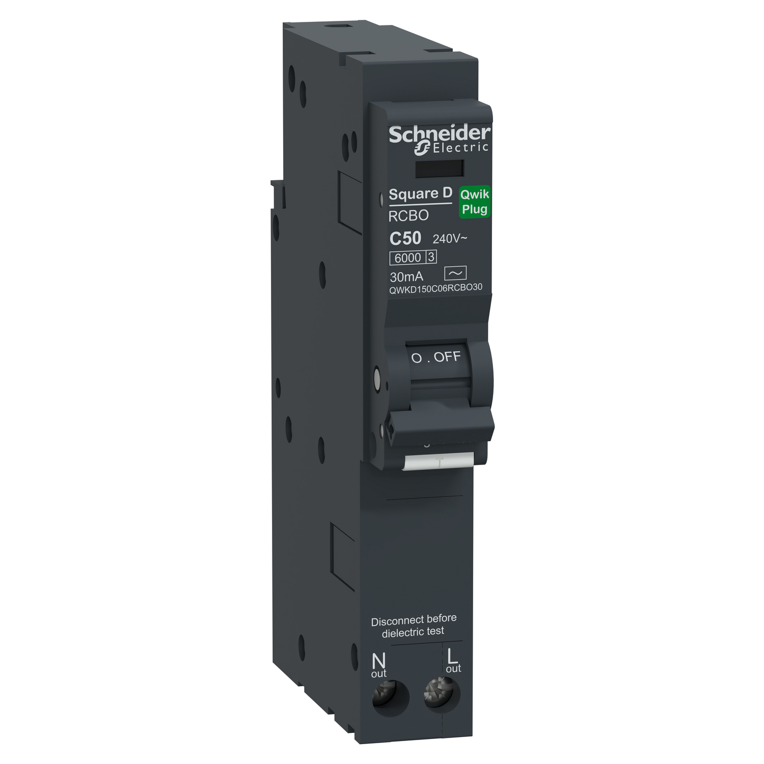 Schneider Electric QWKD150C06RCBO30 เซอร์กิตเบรกเกอร์ลูกย่อยกันดูด (RCBO) 50A รุ่น  Square D QOvs Qwik-Plug RCBO, 1P+N, C curve, 6000A, AC type, 30mA