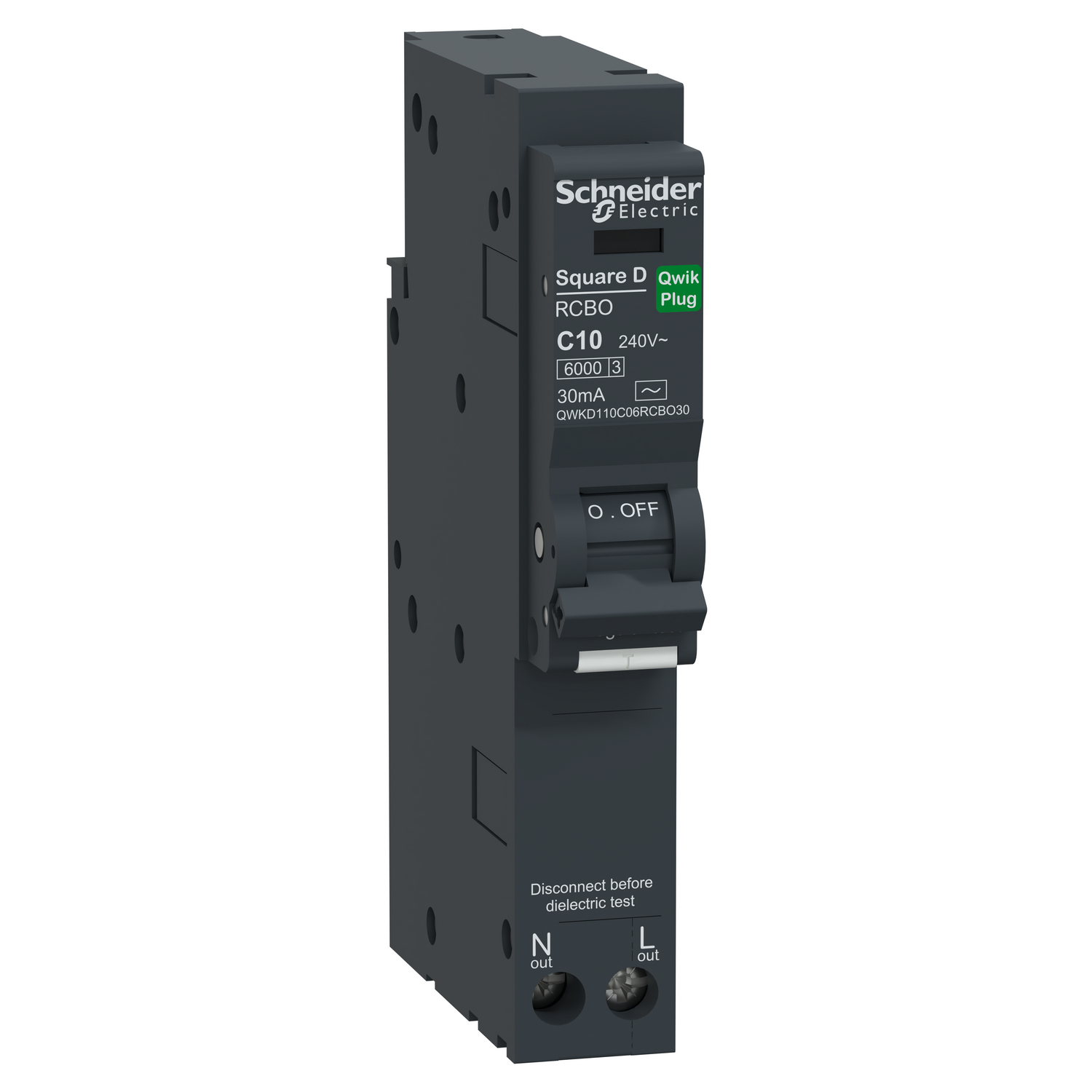Schneider Electric QWKD110C06RCBO30 เซอร์กิตเบรกเกอร์ลูกย่อยกันดูด (RCBO) 10A รุ่น Square D QOvs Qwik-Plug RCBO, 1P+N, C curve, 6000A, AC type, 30mA