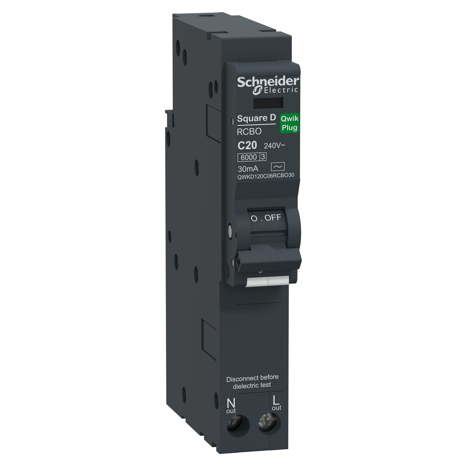 Schneider Electric QWKD120C06RCBO30 เซอร์กิตเบรกเกอร์ลูกย่อยกันดูด (RCBO) 20A รุ่น Square D QOvs Qwik-Plug RCBO, 1P+N, C curve, 6000A, AC type, 30mA